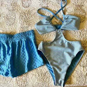 NWT Blue One Piece Speedo Swimsuit Set with Matching Shorts
